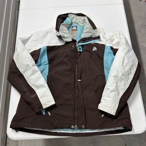 Nike ACG Jacket Womens Size XL Brown White Blue Good Colorblock Hooded Shell